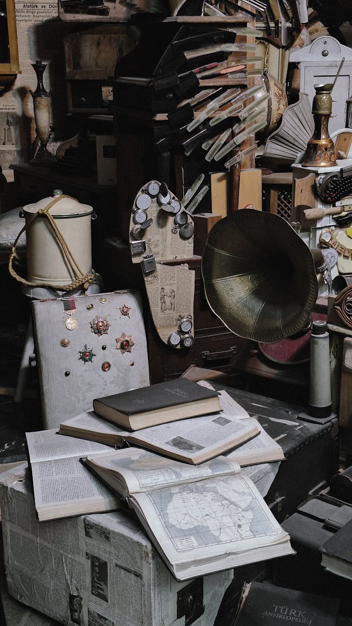 A vintage study room filled with books, maps, and antique items, exuding an old-world charm.